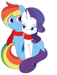 Size: 854x1116 | Tagged: safe, artist:ambris, artist:fionnin4ever, rainbow dash, rarity, g4, clothes, female, hug, lesbian, scarf, ship:raridash, shipping, winghug