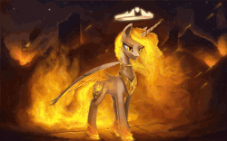 Size: 1100x688 | Tagged: safe, artist:equum_amici, artist:rain-gear, edit, nightmare star, princess celestia, alicorn, pony, g4, absurd file size, absurd gif size, animated, badass, cinemagraph, female, fire, gif, glare, halo, majestic, mare, smirk, solo, spread wings, visual effects of awesome