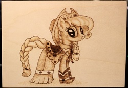 Size: 1280x883 | Tagged: safe, artist:horseez, applejack, g4, clothes, dress, female, gala dress, pyrography, solo, woodwork