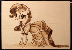 Size: 1279x894 | Tagged: safe, artist:horseez, rarity, g4, clothes, dress, female, gala dress, pyrography, solo, woodwork