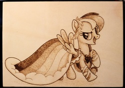 Size: 1280x899 | Tagged: safe, artist:horseez, rainbow dash, g4, clothes, dress, female, gala dress, pyrography, solo, woodwork