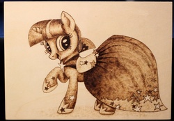 Size: 1279x888 | Tagged: safe, artist:horseez, twilight sparkle, g4, clothes, dress, female, gala dress, pyrography, solo, woodwork