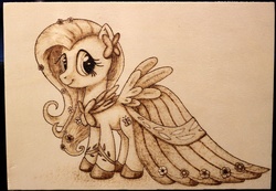 Size: 1280x887 | Tagged: safe, artist:horseez, fluttershy, g4, clothes, dress, female, gala dress, pyrography, solo, woodwork