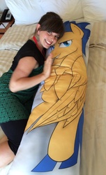 Size: 624x1024 | Tagged: safe, artist:crusadervx, flash sentry, sunset shimmer, human, g4, body pillow, bronycan, husbando thief, implied flashimmer, irl, irl human, photo, rebecca shoichet, voice actor, voice actor joke, voice actors with body pillows