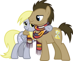 Size: 2334x1948 | Tagged: safe, artist:davidsfire, derpy hooves, doctor whooves, time turner, earth pony, pony, g4, slice of life (episode), clothes, female, hug, male, mare, scarf, simple background, stallion, transparent background