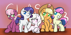 Size: 767x378 | Tagged: safe, artist:alazak, applejack, bon bon, cheerilee, rarity, sweetie drops, oc, g4