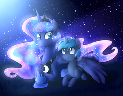 Size: 1024x800 | Tagged: safe, artist:le-poofe, princess luna, oc, oc:moonlight tsukyuomi, alicorn, pony, unicorn, g4, canon x oc, parent:princess luna, stars