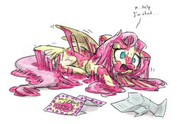 Size: 1000x698 | Tagged: safe, artist:king-kakapo, fluttershy, pegasus, pony, g4, adorable distress, bubblegum, cute, dialogue, female, food, frown, gum, misleading thumbnail, open mouth, prone, shivering, simple background, solo, spread wings, sticky, stuck, sweat, white background, wide eyes, wrapper
