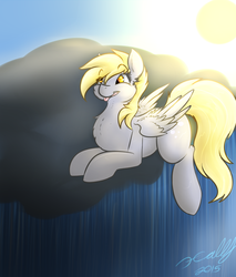 Size: 1020x1200 | Tagged: safe, artist:maikasuke, derpy hooves, pegasus, pony, g4, cloud, cloudy, female, mare, rain, solo, stormcloud, sun