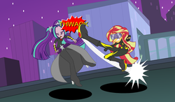 Size: 1302x761 | Tagged: safe, artist:darktailsko, aria blaze, sunset shimmer, equestria girls, g4, fight, kick