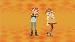 Size: 960x539 | Tagged: safe, screencap, applejack, sunset shimmer, equestria girls, friendship through the ages, g4, alternate hairstyle, boots, country applejack, cute, dancing, grin, high heels, jackabetes, linedancing, pigtails, shimmerbetes, sleeveless, smiling, spurs