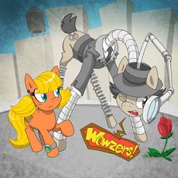 Size: 800x800 | Tagged: safe, artist:kandlin, cyborg, pony, city, flower, inspector gadget, penny gadget, ponified, rose