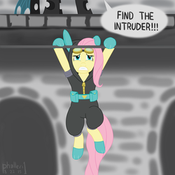 Size: 1500x1500 | Tagged: safe, artist:phallen1, fluttershy, queen chrysalis, pegasus, pony, g4, bunny ears, dangerous mission outfit, female, flutterspy, hanging, hiding, mare, newbie artist training grounds