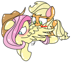 Size: 2536x2212 | Tagged: safe, artist:jackiefreak, applejack, fluttershy, pegasus, pony, g4, accessory swap, blushing, female, floppy ears, high res, lesbian, nom, preening, prone, ship:appleshy, shipping, smiling