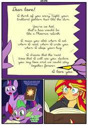 Size: 1238x1772 | Tagged: safe, artist:otakon, rarity, spike, sunset shimmer, twilight sparkle, dragon, pony, equestria girls, g4, my little pony equestria girls: rainbow rocks, blushing, comic, female, love letter, male, misunderstanding, ship:sparity, shipping, straight, sweat, twilight sparkle (alicorn)