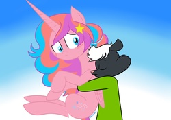 Size: 1280x896 | Tagged: safe, artist:mofetafrombrooklyn, oc, oc only, oc:princess hailee, alicorn, pony, skunk, alicorn oc, blushing, furry, hug