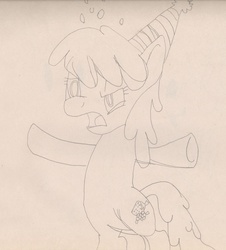 Size: 1550x1716 | Tagged: safe, artist:barryfrommars, berry punch, berryshine, g4, drunk, drunk bubbles, female, hat, monochrome, party hat, solo, traditional art