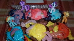 Size: 1600x899 | Tagged: safe, applejack, fluttershy, pinkie pie, rainbow dash, rarity, twilight sparkle, g4, blind bag, cupcake, food, irl, mane six, nailed it, photo, toy