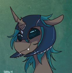 Size: 522x527 | Tagged: safe, artist:goatsocks, oc, oc only, changeling, bust, colored pupils, helmet, smiling, solo