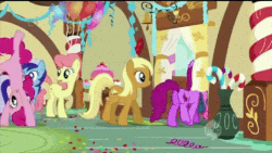 Size: 480x270 | Tagged: safe, screencap, apple cobbler, berry punch, berryshine, minuette, pinkie pie, earth pony, pony, a bird in the hoof, g4, season 1, animated, apple family member, background pony, cartwheel, female