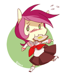 Size: 403x429 | Tagged: safe, artist:goatsocks, roseluck, anthro, g4, ambiguous facial structure, blushing, chibi, clothes, cute, female, sailor uniform, schoolgirl, schoolgirl toast, skirt, solo, toast