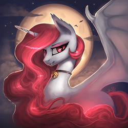 Size: 2000x2000 | Tagged: safe, artist:rain-gear, princess celestia, alicorn, bat pony, bat pony alicorn, pony, vampony, g4, bat wings, bedroom eyes, bell, bell collar, collar, eyeshadow, fangs, female, high res, horn, looking at you, makeup, mare, moon, race swap, smiling, smiling at you, solo, spread wings, sunbat, werelestia, wings