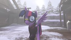 Size: 1920x1080 | Tagged: safe, artist:the-lunar-brony, twilight sparkle, alicorn, pony, g4, 3d, building, female, goggles, looking at you, mare, snow, source filmmaker, twilight sparkle (alicorn), winter coat