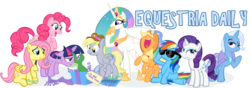 Size: 1000x350 | Tagged: safe, artist:pixelkitties, applejack, derpy hooves, fluttershy, gummy, pinkie pie, princess celestia, rainbow dash, rarity, trixie, twilight sparkle, alicorn, alligator, pegasus, pony, unicorn, equestria daily, g4, applejack's hat, blonde, blonde hair, blonde mane, blue body, blue coat, blue eyes, blue eyeshadow, blue fur, blue pony, blue wings, cape, celestia's crown, clothes, cowboy hat, crown, ethereal hair, ethereal mane, ethereal tail, eyeshadow, female, folded wings, freckles, frown, green scales, green skin, hair tie, hat, hoof over mouth, hoof shoes, jewelry, laughing, lavender eyes, light blue hair, light blue mane, mailmare hat, makeup, mane six, mane tie, mare, multicolored hair, multicolored mane, multicolored tail, open mouth, open smile, orange body, orange coat, orange fur, orange pony, peytral, pink body, pink coat, pink fur, pink hair, pink mane, pink pony, pink tail, poofy hair, poofy mane, poofy tail, present, princess shoes, purple body, purple coat, purple eyes, purple fur, purple hair, purple mane, purple pony, purple tail, rainbow hair, rainbow tail, raised hoof, regalia, simple background, sitting, slit pupils, smiling, striped hair, striped mane, striped tail, sunglasses, tail, teal eyes, transparent background, tri-color hair, tri-color mane, tri-color tail, tri-colored hair, tri-colored mane, tri-colored tail, tricolor hair, tricolor mane, tricolor tail, tricolored hair, tricolored mane, tricolored tail, trixie's cape, twilight sparkle is not amused, unamused, unicorn twilight, volumetric mouth, white body, white coat, white fur, white pony, white wings, wings, yellow body, yellow coat, yellow fur, yellow hair, yellow mane, yellow pony, yellow wings