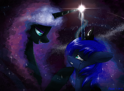 Size: 1080x792 | Tagged: safe, artist:atteez, nightmare moon, princess luna, tantabus, alicorn, pony, g4, crying, dream, duality, nightmare, sharp teeth