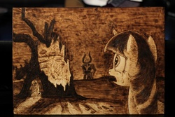 Size: 1280x854 | Tagged: safe, artist:horseez, lord tirek, twilight sparkle, g4, twilight's kingdom, library, pyrography, woodwork