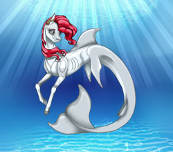 Size: 500x437 | Tagged: dead source, safe, artist:dementra369, oc, oc only, mermaid, merpony, crepuscular rays, dorsal fin, female, fins, fish tail, flowing tail, gills, gray eyes, mare, ocean, red mane, smiling, solo, sunlight, swimming, tail, underwater, water