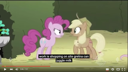 Size: 854x480 | Tagged: safe, screencap, applejack, pinkie pie, g4, discorded, meme, youtube caption