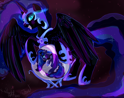 Size: 1024x808 | Tagged: safe, artist:scatteredlove, nightmare moon, princess luna, alicorn, pony, g4, crying, female, grin, nightmare, solo