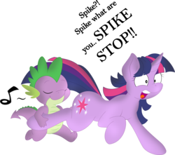 Size: 3072x2711 | Tagged: safe, artist:joey darkmeat, artist:qcryzzy, spike, twilight sparkle, g4, eyes closed, music notes, open mouth, raised hoof, running, simple background, smiling, stahp, transparent background, wheelbarrow, wide eyes