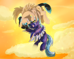 Size: 1024x821 | Tagged: safe, artist:scatteredlove, oc, oc only, oc:promisefeather, oc:sapphire jewel, pegasus, pony, flying