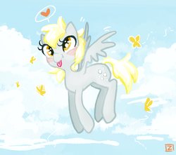 Size: 988x872 | Tagged: safe, artist:vita-ex-machina, derpy hooves, butterfly, pegasus, pony, g4, female, flying, heart, mare, solo