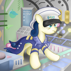 Size: 1420x1420 | Tagged: safe, artist:041744, bon bon, sweetie drops, earth pony, pony, g4, admiral, background pony, bon bon is not amused, bubble, bubble pipe, clothes, das boot, female, frown, glare, hat, implied lyra, jürgen prochnow, mare, pipe, solo, submarine, uniform