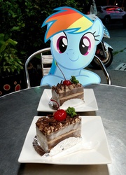 Size: 1152x1600 | Tagged: safe, artist:小凱, edit, rainbow dash, g4, cake, cute, dashabetes, date, irl, photo, ponies in real life