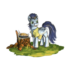 Size: 1000x1000 | Tagged: safe, artist:da-exile, soarin', pegasus, pony, g4, atg 2015, clothes, grass, looking back, male, newbie artist training grounds, open mouth, outdoors, pie, shirt, simple background, solo, stallion, standing, that pony sure does love pies, tree stump, white background
