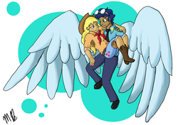 Size: 1024x719 | Tagged: safe, artist:moonstruck-badger, applejack, soarin', human, g4, female, humanized, male, ship:soarinjack, shipping, straight, winged humanization