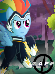 Size: 1500x2000 | Tagged: safe, artist:knadire, artist:knadow-the-hechidna, rainbow dash, zapp, g4, power ponies (episode), female, marvel, mashup, parody, poster, power ponies, solo, x-men