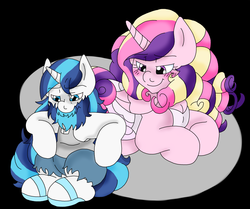 Size: 2000x1669 | Tagged: safe, artist:blackbewhite2k7, princess cadance, shining armor, g4, alternate hairstyle, beard, canon ship, chubby, commission, crossover, duo, duo male and female, female, greg universe, gregrose, male, mare, older, rose quartz (steven universe), sad, ship:shiningcadance, shipping, stallion, steven universe, straight