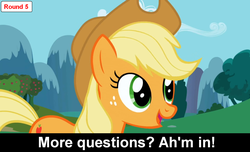 Size: 1600x973 | Tagged: safe, applejack, earth pony, pony, comic:celestia's servant interview, g4, caption, cs captions, female, hat, interview, mare, solo