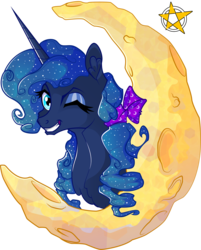 Size: 1024x1275 | Tagged: safe, artist:amberpendant, princess luna, alicorn, pony, g4, bow, female, grin, hair bow, mare, simple background, smiling, solo, tangible heavenly object, transparent background, wink