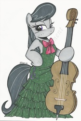 Size: 1024x1527 | Tagged: safe, artist:ponygoddess, octavia melody, earth pony, semi-anthro, g4, bipedal, bow, cello, clothes, cutie mark, dress, female, mare, musical instrument, neck bow, solo, traditional art