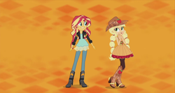 Size: 1363x726 | Tagged: safe, screencap, applejack, sunset shimmer, equestria girls, friendship through the ages, g4, alternate hairstyle, boots, country applejack, cute, dancing, grin, high heels, jackabetes, linedancing, pigtails, shimmerbetes, sleeveless, smiling, spurs