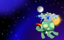 Size: 1900x1200 | Tagged: safe, artist:pixelkitties, tank, elephant, tortoise, g4, crossover, discworld, equestria, flat world, great a'tuin, hat, moon, photoshop, show accurate, space, sun, umbrella hat