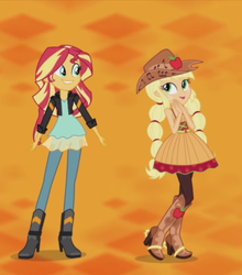 Size: 640x726 | Tagged: safe, edit, screencap, applejack, sunset shimmer, equestria girls, friendship through the ages, g4, my little pony equestria girls: rainbow rocks, alternate hairstyle, boots, country applejack, cropped, cute, dancing, grin, height, high heels, jackabetes, linedancing, pigtails, shimmerbetes, sleeveless, smiling, spurs