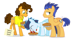 Size: 1040x560 | Tagged: safe, artist:dm29, cheese sandwich, flash sentry, soarin', pegasus, pony, g4, comedy school, male, pie, simple background, stallion, that pony sure does love pies, training, transparent background, trio, trio male, voice actor joke, weird al yankovic