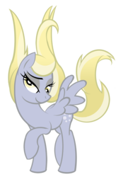 Size: 1000x1435 | Tagged: safe, artist:pixelkitties, derpy hooves, pegasus, pony, g4, artifact, bedroom eyes, female, lidded eyes, mare, raised hoof, raised leg, simple background, smiling, solo, spread wings, transparent background, wet mane